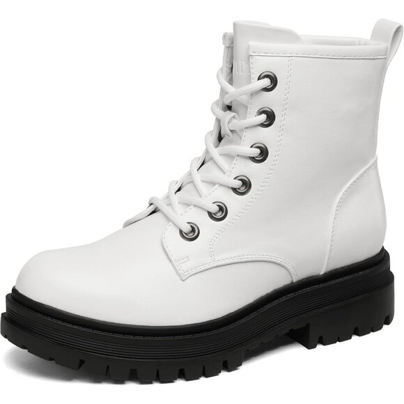 ⚡Women White Combat Ankle Lace-up Platform Side Zipper Lug Rubber Sole Boots - Picture 1 of 6